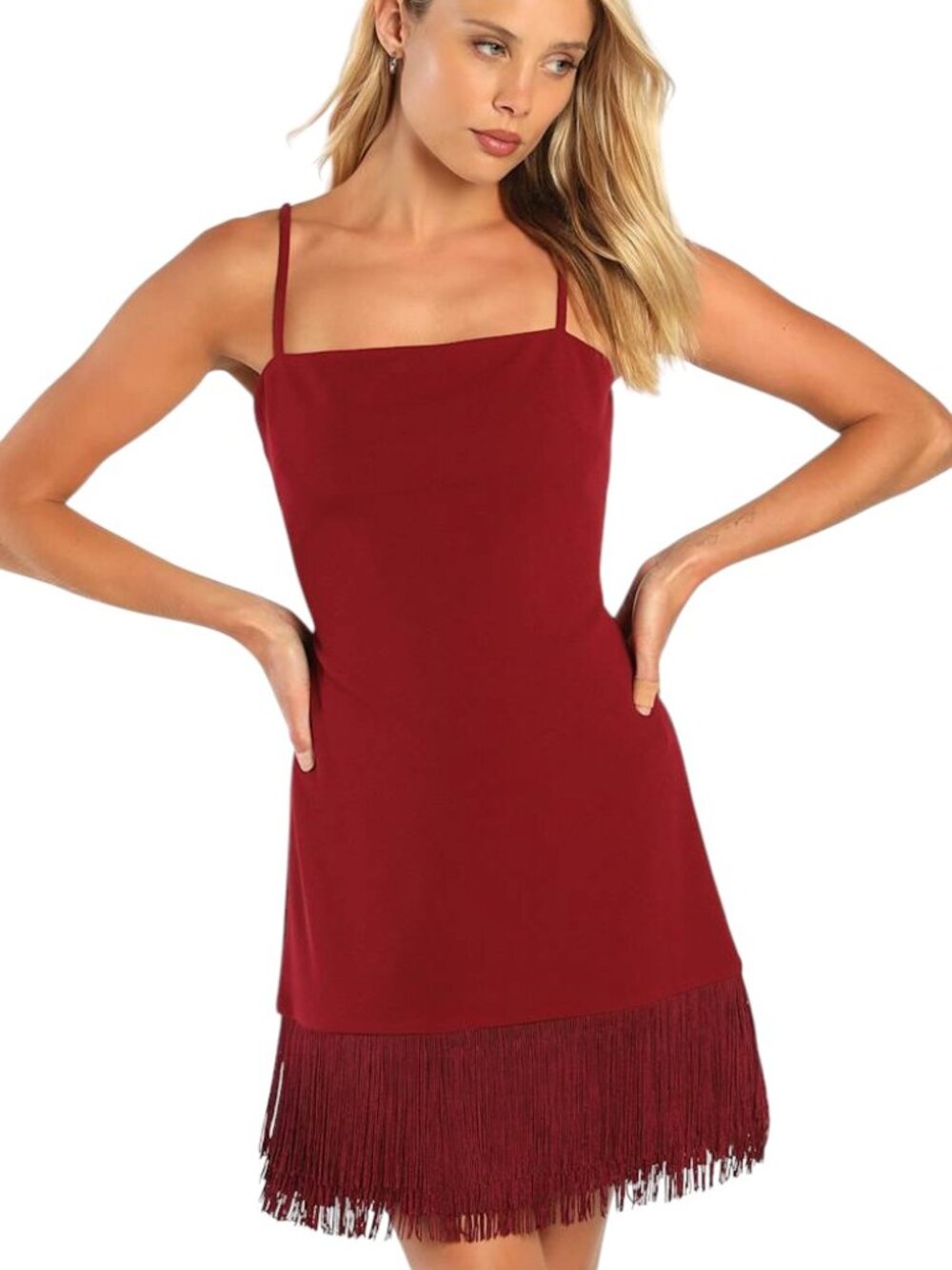 Lulus Burgundy Fringe Bodycon Mini Dress M Party All Night Long Stretch Cocktail